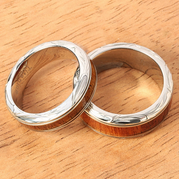 Titanium Scroll Engraved Natural Koa Wood Flat Wedding Ring 6mm