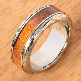 Titanium Scroll Engraved Natural Koa Wood Flat Wedding Ring 8mm