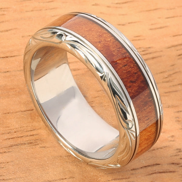 Titanium Scroll Engraved Natural Koa Wood Flat Wedding Ring 8mm