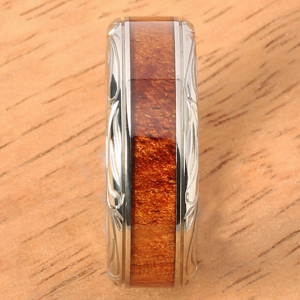 Titanium Scroll Engraved Natural Koa Wood Flat Wedding Ring 8mm
