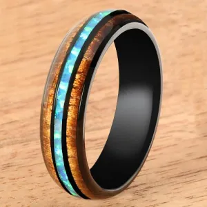 Tungsten Black Iron Plated Natural Koa Wood and Opal Triple Row Oval Wedding Ring 6mm