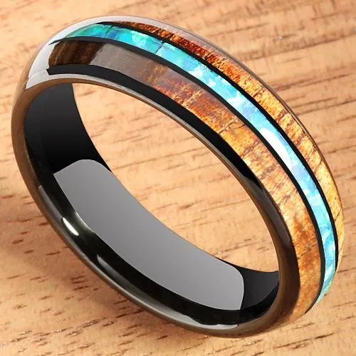 Tungsten Black Iron Plated Natural Koa Wood and Opal Triple Row Oval Wedding Ring 6mm