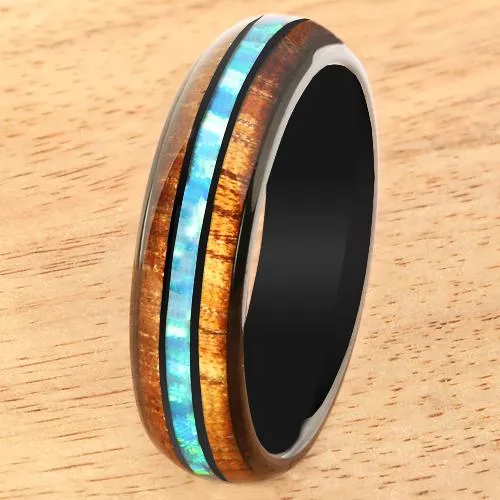 Tungsten Black Iron Plated Natural Koa Wood and Opal Triple Row Oval Wedding Ring 6mm
