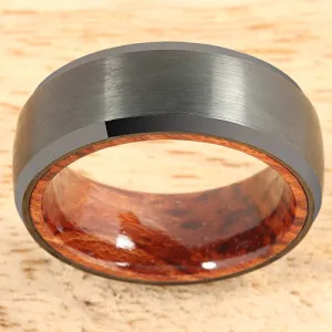 Tungsten Black Iron Plated Natural Koa Wood Double Ring Beveled Edge 8mm Brush Finished