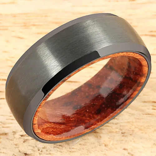 Tungsten Black Iron Plated Natural Koa Wood Double Ring Beveled Edge 8mm Brush Finished