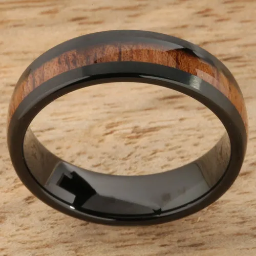 Tungsten Black Iron Plated Natural Koa Wood Oval Wedding Ring 6mm