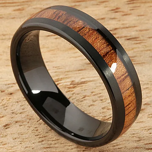 Tungsten Black Iron Plated Natural Koa Wood Oval Wedding Ring 6mm