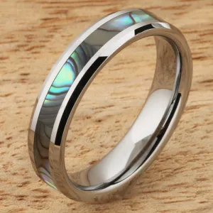Tungsten Carbide Abalone Shell Inlaid Beveled Edge Wedding Ring 6mm