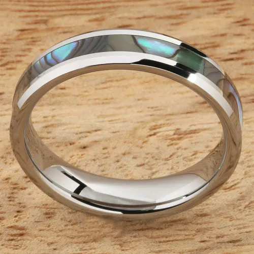 Tungsten Carbide Abalone Shell Inlaid Beveled Edge Wedding Ring 6mm