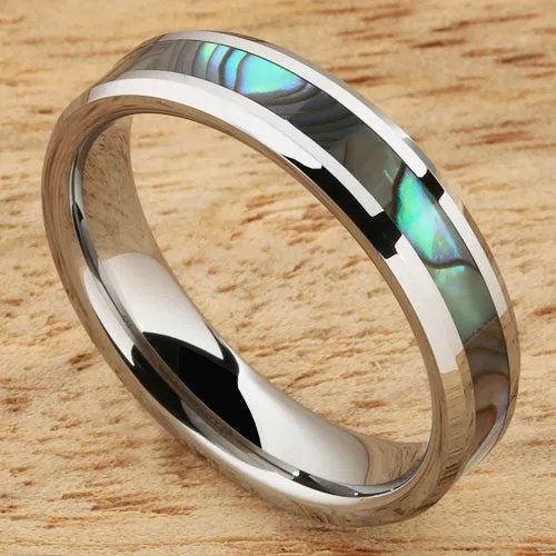 Tungsten Carbide Abalone Shell Inlaid Beveled Edge Wedding Ring 6mm