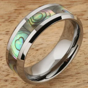 Tungsten Carbide Abalone Shell Inlaid Beveled Edge Wedding Ring 8mm