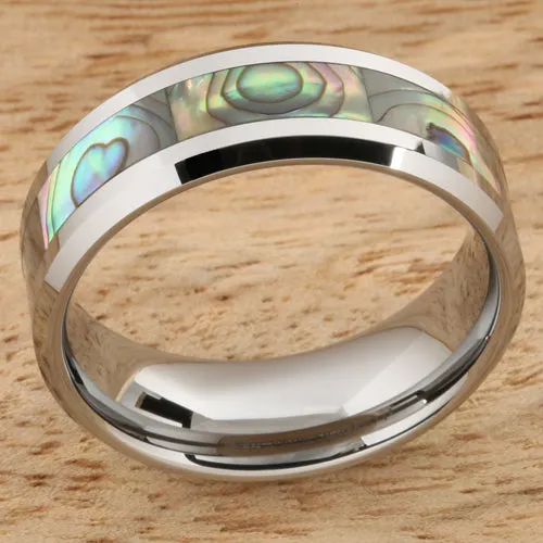 Tungsten Carbide Abalone Shell Inlaid Beveled Edge Wedding Ring 8mm