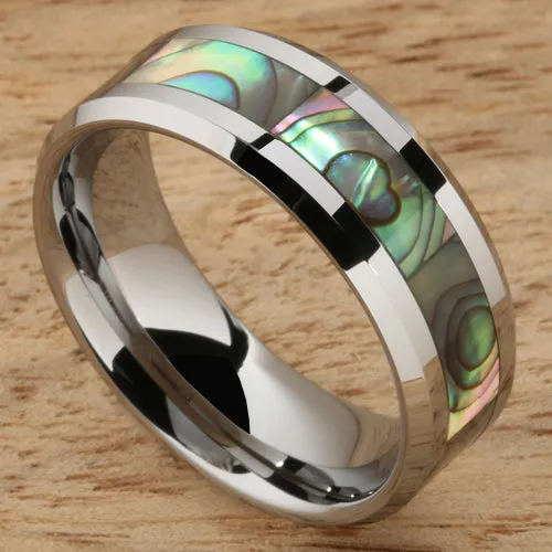Tungsten Carbide Abalone Shell Inlaid Beveled Edge Wedding Ring 8mm