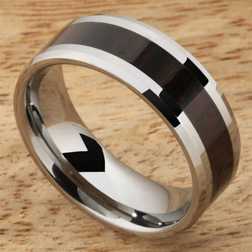 Tungsten Carbide Cocobolo (Red Wood) Beveled Edge Wedding Ring 8mm