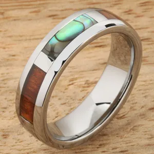 Tungsten Carbide Natural Koa Wood and Abalone Block Wedding Ring 6mm