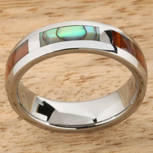 Tungsten Carbide Natural Koa Wood and Abalone Block Wedding Ring 6mm