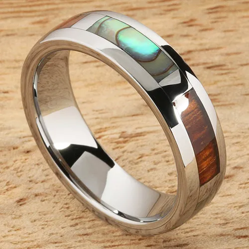 Tungsten Carbide Natural Koa Wood and Abalone Block Wedding Ring 6mm