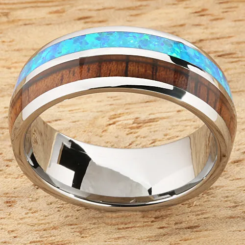 Tungsten Carbide Natural Koa Wood and Opal Half/Half Oval Wedding Ring Pair 4mm/8mm