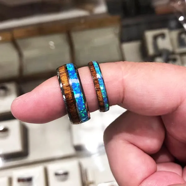 Tungsten Carbide Natural Koa Wood and Opal Half/Half Oval Wedding Ring Pair 4mm/8mm