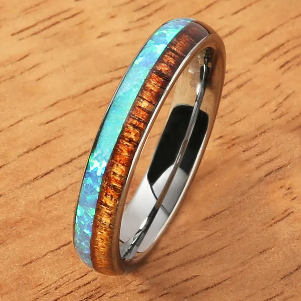 Tungsten Carbide Natural Koa Wood and Opal Half/Half Oval Wedding Ring Pair 4mm/8mm