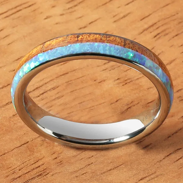 Tungsten Carbide Natural Koa Wood and Opal Half/Half Oval Wedding Ring Pair 4mm/8mm