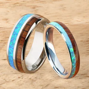 Tungsten Carbide Natural Koa Wood and Opal Half/Half Oval Wedding Ring Pair 4mm/8mm