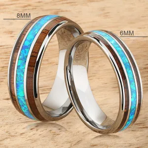 Tungsten Carbide Natural Koa Wood and Opal Triple Row Oval Wedding Ring Pair 6mm/8mm