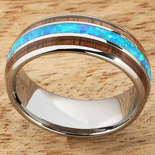 Tungsten Carbide Natural Koa Wood and Opal Triple Row Oval Wedding Ring Pair 6mm/8mm
