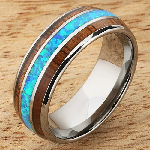Tungsten Carbide Natural Koa Wood and Opal Triple Row Oval Wedding Ring Pair 6mm/8mm