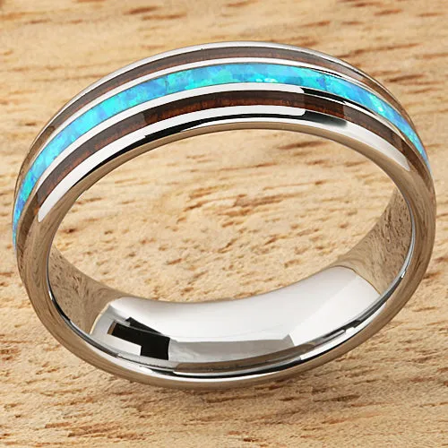 Tungsten Carbide Natural Koa Wood and Opal Triple Row Oval Wedding Ring Pair 6mm/8mm