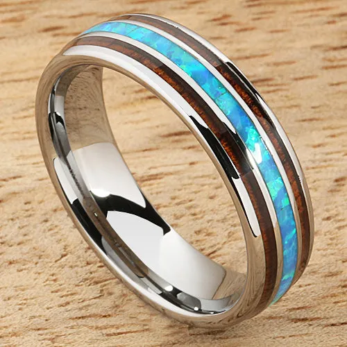 Tungsten Carbide Natural Koa Wood and Opal Triple Row Oval Wedding Ring Pair 6mm/8mm