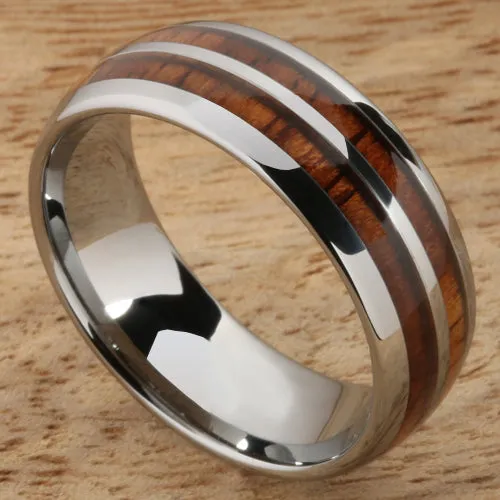 Tungsten Carbide Natural Koa Wood Double Row Oval Wedding Ring 8mm