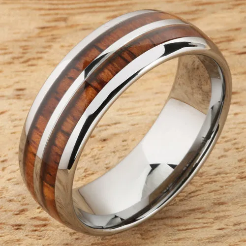 Tungsten Carbide Natural Koa Wood Double Row Oval Wedding Ring 8mm