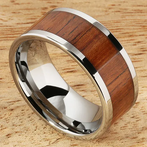 Tungsten Carbide Natural Koa Wood Flat Wedding Ring 10mm