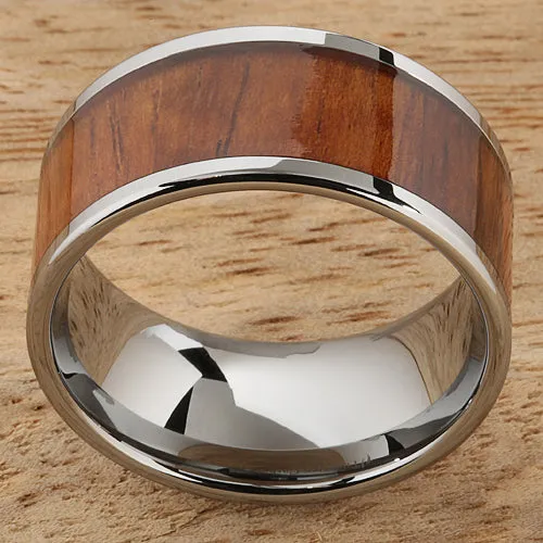 Tungsten Carbide Natural Koa Wood Flat Wedding Ring 12mm