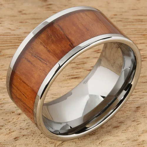 Tungsten Carbide Natural Koa Wood Flat Wedding Ring 12mm