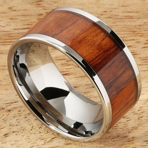 Tungsten Carbide Natural Koa Wood Flat Wedding Ring 12mm