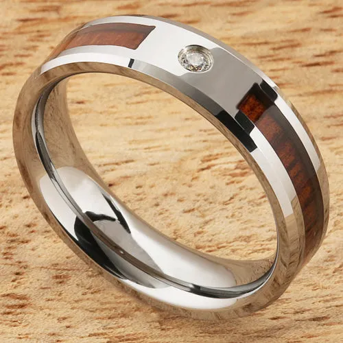 Tungsten Carbide Natural Koa Wood with CZ Beveled Edge Wedding Ring 6mm