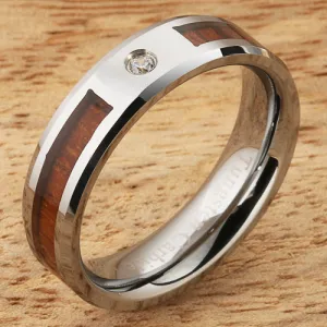 Tungsten Carbide Natural Koa Wood with CZ Beveled Edge Wedding Ring 6mm