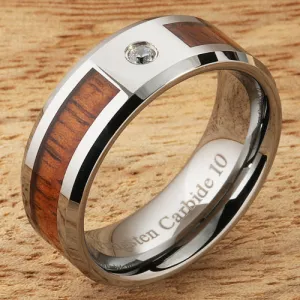 Tungsten Carbide Natural Koa Wood with CZ Beveled Edge Wedding Ring 8mm