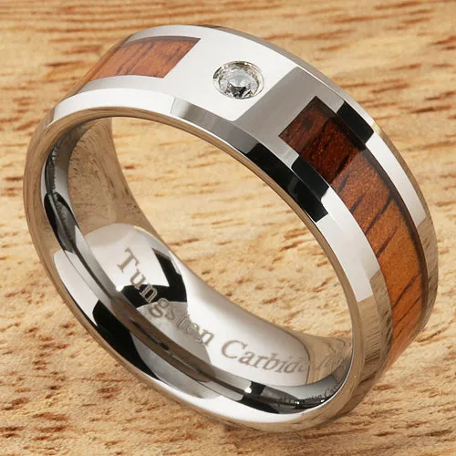 Tungsten Carbide Natural Koa Wood with CZ Beveled Edge Wedding Ring 8mm
