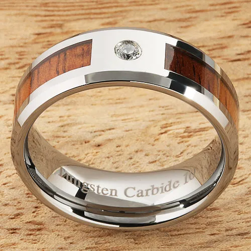 Tungsten Carbide Natural Koa Wood with CZ Beveled Edge Wedding Ring 8mm