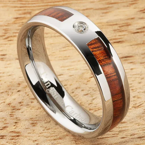 Tungsten Carbide Natural Koa Wood with CZ Oval Wedding Ring 6mm