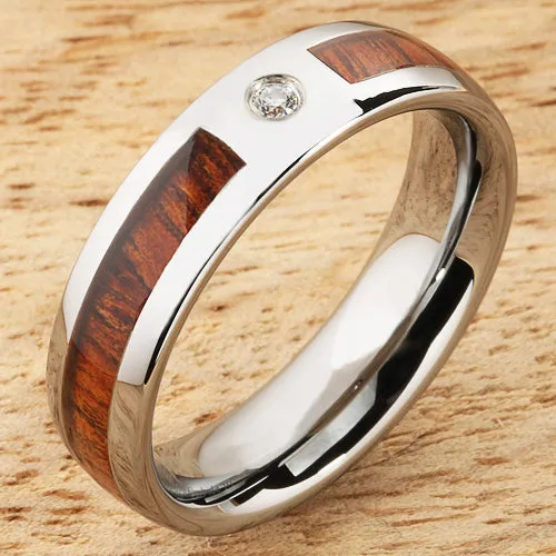 Tungsten Carbide Natural Koa Wood with CZ Oval Wedding Ring 6mm