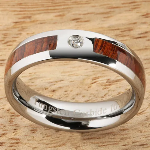 Tungsten Carbide Natural Koa Wood with CZ Oval Wedding Ring 6mm