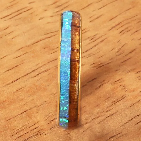 Tungsten Carbide Yellow Gold Plated Natural Koa Wood and Opal Half/Half Oval Wedding Ring 4mm