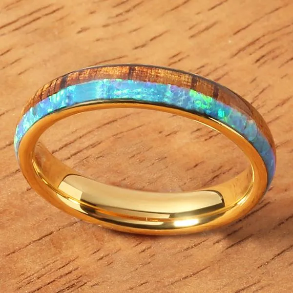 Tungsten Carbide Yellow Gold Plated Natural Koa Wood and Opal Half/Half Oval Wedding Ring 4mm