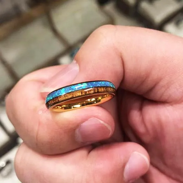 Tungsten Carbide Yellow Gold Plated Natural Koa Wood and Opal Half/Half Oval Wedding Ring 4mm