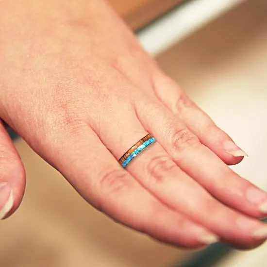 Tungsten Carbide Yellow Gold Plated Natural Koa Wood and Opal Half/Half Oval Wedding Ring 4mm