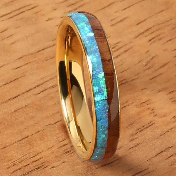 Tungsten Carbide Yellow Gold Plated Natural Koa Wood and Opal Half/Half Oval Wedding Ring 4mm